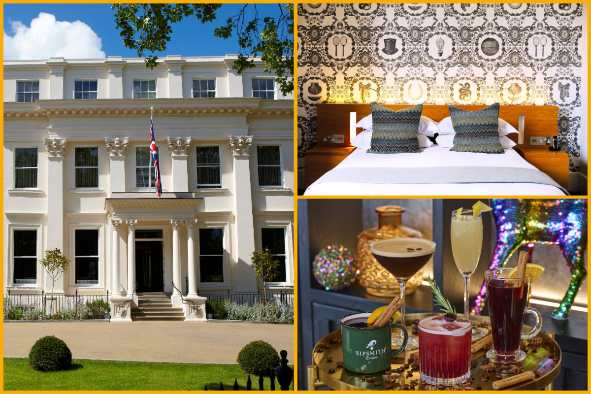 Collage of images of Malmaison exterior, bedroom and festive cocktails.